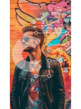 Intra Συλλεκτικό Ξύλινο Παζλ Plywood  4mm - Cool Photo of Man με δερμάτινο μπουφάν και γυαλιά ηλίου από το Graffiti Wall Σε Ξύλινο Κουτί - Διαστάσεις Puzzle: 10x10 cm – 25 κομμάτια