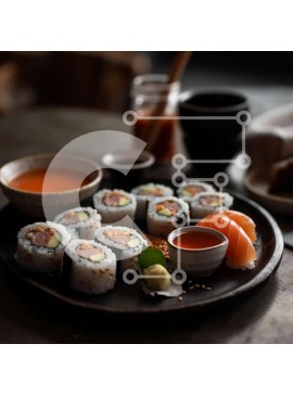 Σετ των 2 Intra Συλλεκτικό Ξύλινο Παζλ Plywood  4mm - Ρολά σούσι με σολομό, αβοκάντο και τυρί κρέμα σε μαύρο πιάτο με σάλτσα σόγιας Σε Ξύλινο Κουτί - Διαστάσεις: 10x10 cm – 25 κομμάτια