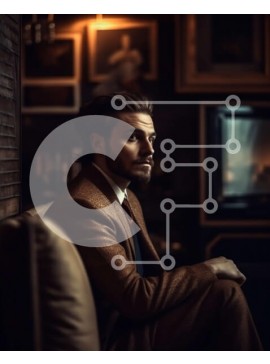 Intra Συλλεκτικό Ξύλινο Παζλ Plywood  4mm - Πορτρέτο ενός άνδρα με καφέ κοστούμι και γραβάτα που κάθεται σε έναν καναπέ σε ένα δωμάτιο με χαμηλό φωτισμό Σε Ξύλινο Κουτί - Διαστάσεις Puzzle: 10x10 cm – 25 κομμάτια