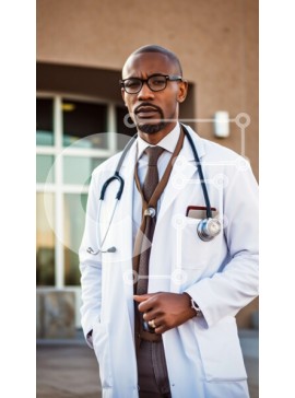 Intra Συλλεκτικό Ξύλινο Παζλ Plywood  4mm - Επαγγελματίας μαύρος άνδρας γιατρός που κρατά πρόχειρο έξω από το νοσοκομείο Σε Ξύλινο Κουτί - Διαστάσεις Puzzle: 10x10 cm – 25 κομμάτια