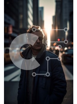 Intra Συλλεκτικό Ξύλινο Παζλ Plywood  4mm - Ουδέτερο πορτρέτο ενός άνδρα με μπλε σακάκι και γυαλιά ηλίου στο ηλιοβασίλεμα Σε Ξύλινο Κουτί - Διαστάσεις Puzzle: 10x10 cm – 25 κομμάτια