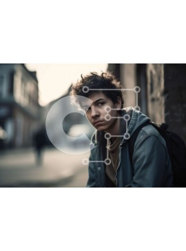 Intra Συλλεκτικό Ξύλινο Παζλ Plywood  4mm - Σοβαρός νεαρός άνδρας με κουκούλα και σακίδιο πλάτης στο Alleyway Σε Ξύλινο Κουτί - Διαστάσεις Puzzle: 10x10 cm – 25 κομμάτια