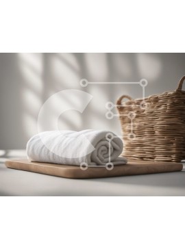 Intra Συλλεκτικό Ξύλινο Παζλ Plywood  4mm - Τακτοποιημένη λευκή πετσέτα σε ξύλινη σανίδα κοπής με ψάθινο καλάθι Σε Ξύλινο Κουτί - Διαστάσεις Puzzle: 10x10 cm – 25 κομμάτια