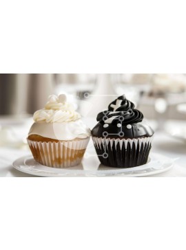 Σετ των 2 Intra Συλλεκτικό Ξύλινο Παζλ Plywood  4mm - Δύο cupcakes με ασπρόμαυρο πάγωμα σε λευκό πιάτο Σε Ξύλινο Κουτί - Διαστάσεις: 10x10 cm – 25 κομμάτια