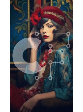 Intra Συλλεκτικό Ξύλινο Παζλ Plywood  4mm - Όμορφη εικόνα γυναίκας που κάθεται στην καρέκλα με τοίχο με λουλουδάτο μοτίβο πίσω της Σε Ξύλινο Κουτί - Διαστάσεις Puzzle: 10x10 cm – 25 κομμάτια