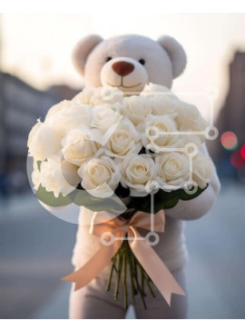 Intra Συλλεκτικό Ξύλινο Παζλ Plywood  4mm - Αρκουδάκι που κρατά λευκά τριαντάφυλλα σε έναν δρόμο Σε Ξύλινο Κουτί - Διαστάσεις Puzzle: 10x10 cm – 25 κομμάτια