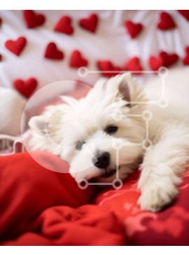Σετ των 2 Intra Συλλεκτικό Ξύλινο Παζλ Plywood  4mm - Λευκός σκύλος που χαλαρώνει σε ένα κρεβάτι που περιβάλλεται από κόκκινες καρδιές Σε Ξύλινο Κουτί - Διαστάσεις: 10x10 cm – 25 κομμάτια