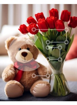 Intra Συλλεκτικό Ξύλινο Παζλ Plywood  4mm - Αρκουδάκι και κόκκινες τουλίπες σε ένα τραπέζι Σε Ξύλινο Κουτί - Διαστάσεις Puzzle: 10x10 cm – 25 κομμάτια