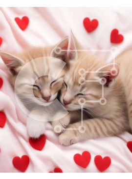 Σετ των 2 Intra Συλλεκτικό Ξύλινο Παζλ Plywood  4mm - Δύο πορτοκαλί γατάκια που κοιμούνται σε μια ροζ κουβέρτα με κόκκινες καρδιές Σε Ξύλινο Κουτί - Διαστάσεις: 10x10 cm – 25 κομμάτια