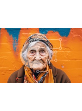 Intra Συλλεκτικό Ξύλινο Παζλ Plywood  4mm - Όμορφη εικόνα μιας ηλικιωμένης γυναίκας με ένα πολύχρωμο σάλι ενάντια στον τοίχο γκράφιτι Σε Ξύλινο Κουτί - Διαστάσεις Puzzle: 10x10 cm – 25 κομμάτια