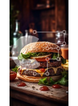 Intra Συλλεκτικό Ξύλινο Παζλ Plywood  4mm - Ζουμερό Cheeseburger σε ξύλινο τραπέζι με θέα στην οδό της πόλης τη νύχτα Σε Ξύλινο Κουτί - Διαστάσεις: 10x10 cm – 25 κομμάτια