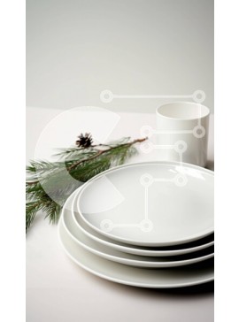 Intra Συλλεκτικό Ξύλινο Παζλ Plywood  4mm - Σετ Τέσσερα Λευκά Πιάτα με Διακόσμηση Κλαδί Πεύκου Σε Ξύλινο Κουτί - Διαστάσεις Puzzle: 10x10 cm – 25 κομμάτια