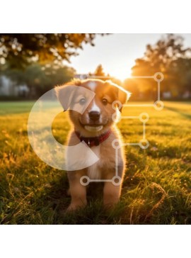 Intra Συλλεκτικό Ξύλινο Παζλ Plywood  4mm - Αξιολάτρευτο κουτάβι με κόκκινο κολάρο που κάθεται στο γρασίδι στο ηλιοβασίλεμα Σε Ξύλινο Κουτί - Διαστάσεις: 10x10 cm – 25 κομμάτια