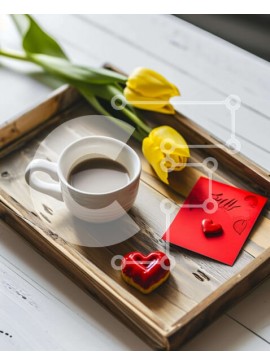 Σετ των 2 Intra Συλλεκτικό Ξύλινο Παζλ Plywood  4mm - Καφές, ντόνατς σε σχήμα καρδιάς και κόκκινες τουλίπες στο δίσκο Σε Ξύλινο Κουτί - Διαστάσεις: 10x10 cm – 25 κομμάτια