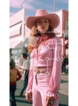 Intra Συλλεκτικό Ξύλινο Παζλ Plywood  4mm - Κομψή γυναίκα με ροζ στολή και καουμπόικο καπέλο σε μια οδό της πόλης Σε Ξύλινο Κουτί - Διαστάσεις Puzzle: 10x10 cm – 25 κομμάτια