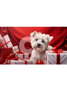 Intra Συλλεκτικό Ξύλινο Παζλ Plywood  4mm - Λευκό σκυλί που κάθεται σε κόκκινα κουτιά δώρων και χαρτί περιτυλίγματος Σε Ξύλινο Κουτί - Διαστάσεις: 10x10 cm – 25 κομμάτια