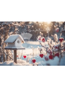 Intra Συλλεκτικό Ξύλινο Παζλ Plywood  4mm - Birdhouse στο χιόνι με κόκκινες καρδιές Σε Ξύλινο Κουτί - Διαστάσεις Puzzle: 10x10 cm – 25 κομμάτια