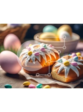 Σετ των 2 Intra Συλλεκτικό Ξύλινο Παζλ Plywood  4mm - Αρτοσκευάσματα με θέμα το Πάσχα και πολύχρωμα αυγά σε ξύλινο τραπέζι Σε Ξύλινο Κουτί - Διαστάσεις: 10x10 cm – 25 κομμάτια