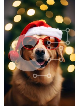 Σετ των 2 Intra Συλλεκτικό Ξύλινο Παζλ Plywood  4mm - Χαμογελαστός Χρυσός Σκύλος με καπέλα και γυαλιά ηλίου Άγιου Βασίλη Σε Ξύλινο Κουτί - Διαστάσεις: 10x10 cm – 25 κομμάτια