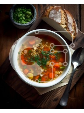 Σετ των 2 Intra Συλλεκτικό Ξύλινο Παζλ Plywood  4mm - Νόστιμη σούπα λαχανικών σε ένα ξύλινο τραπέζι με φρέσκα βότανα και ψωμί Σε Ξύλινο Κουτί - Διαστάσεις: 10x10 cm – 25 κομμάτια