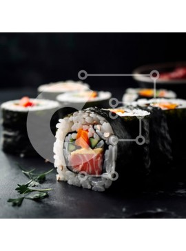 Σετ των 2 Intra Συλλεκτικό Ξύλινο Παζλ Plywood  4mm - Ρολό σούσι με σολομό, αβοκάντο και λαχανικά σε σκούρο φόντο Σε Ξύλινο Κουτί - Διαστάσεις: 10x10 cm – 25 κομμάτια