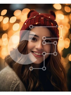 Intra Συλλεκτικό Ξύλινο Παζλ Plywood  4mm - Νεαρή γυναίκα με σγουρά μαλλιά και κόκκινη κουκούλα μπροστά στα πολύχρωμα φώτα Σε Ξύλινο Κουτί - Διαστάσεις Puzzle: 10x10 cm – 25 κομμάτια