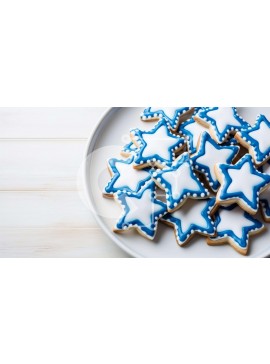 Σετ των 2 Intra Συλλεκτικό Ξύλινο Παζλ Plywood  4mm - Μπισκότα σε σχήμα αστεριού μπλε και λευκού σε λευκό πιάτο Σε Ξύλινο Κουτί - Διαστάσεις: 10x10 cm – 25 κομμάτια