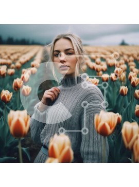 Intra Συλλεκτικό Ξύλινο Παζλ Plywood  4mm - Εκπληκτική φωτογραφία μιας γυναίκας ανάμεσα στο χωράφι με τουλίπα που φοράει γκρι πουλόβερ Σε Ξύλινο Κουτί - Διαστάσεις: 10x10 cm – 25 κομμάτια
