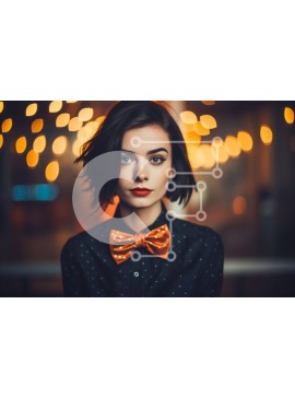 Intra Συλλεκτικό Ξύλινο Παζλ Plywood  4mm - Σοβαρή νεαρή γυναίκα με μαύρο πουκάμισο και πορτοκαλί παπιγιόν Σε Ξύλινο Κουτί - Διαστάσεις Puzzle: 10x10 cm – 25 κομμάτια