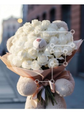 Intra Συλλεκτικό Ξύλινο Παζλ Plywood  4mm - Μπουκέτο αρκουδάκι με λευκά τριαντάφυλλα Σε Ξύλινο Κουτί - Διαστάσεις Puzzle: 10x10 cm – 25 κομμάτια