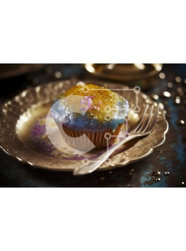 Σετ των 2 Intra Συλλεκτικό Ξύλινο Παζλ Plywood  4mm - Λαχταριστό μπλε και χρυσό cupcake με ασημένιο πιάτο και πιρούνι Σε Ξύλινο Κουτί - Διαστάσεις: 10x10 cm – 25 κομμάτια