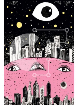 Intra Συλλεκτικό Ξύλινο Παζλ Plywood  4mm - Εικονογράφηση του ροζ αστικό τοπίο με τα μάτια Σε Ξύλινο Κουτί - Διαστάσεις Puzzle: 10x10 cm – 25 κομμάτια