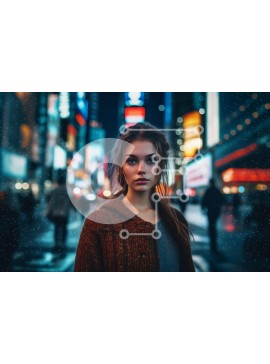 Intra Συλλεκτικό Ξύλινο Παζλ Plywood  4mm - Νεαρή γυναίκα που στέκεται σε μια πολυσύχναστη οδό της πόλης τη νύχτα που περιβάλλεται από φώτα νέον και διαφημίσεις Σε Ξύλινο Κουτί - Διαστάσεις Puzzle: 10x10 cm – 25 κομμάτια