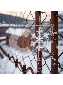 Intra Συλλεκτικό Ξύλινο Παζλ Plywood  4mm - Νιφάδα χιονιού που κρέμεται από φράχτη με αλυσίδες μπροστά από το βιομηχανικό κτίριο Σε Ξύλινο Κουτί - Διαστάσεις Puzzle: 10x10 cm – 25 κομμάτια