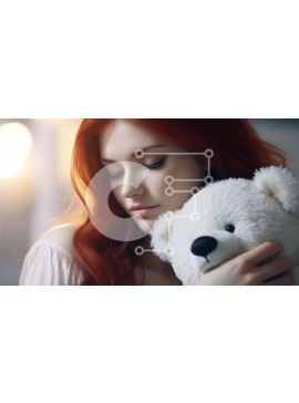 Intra Συλλεκτικό Ξύλινο Παζλ Plywood  4mm - Στοργική νεαρή γυναίκα με κόκκινα μαλλιά που αγκαλιάζει το μεγάλο λευκό αρκουδάκι Σε Ξύλινο Κουτί - Διαστάσεις Puzzle: 10x10 cm – 25 κομμάτια