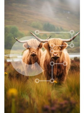 Σετ των 2 Intra Συλλεκτικό Ξύλινο Παζλ Plywood  4mm - Όμορφη εικόνα αγελάδων Highland σε ένα χωράφι με βουνά στο φόντο Σε Ξύλινο Κουτί - Διαστάσεις: 10x10 cm – 25 κομμάτια