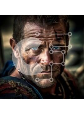 Intra Συλλεκτικό Ξύλινο Παζλ Plywood  4mm - Έντονο πορτρέτο ενός τραχύ άνδρα με διαπεραστικά μπλε μάτια και ένα μεγάλο σπαθί Σε Ξύλινο Κουτί - Διαστάσεις Puzzle: 10x10 cm – 25 κομμάτια