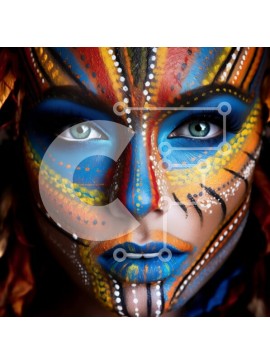 Intra Συλλεκτικό Ξύλινο Παζλ Plywood  4mm - Σοβαρή γυναίκα με πολύχρωμη ζωγραφική προσώπου και φτερωτή κόμμωση Σε Ξύλινο Κουτί - Διαστάσεις Puzzle: 10x10 cm – 25 κομμάτια