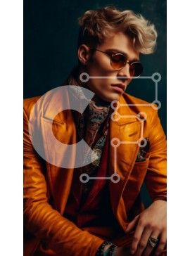 Intra Συλλεκτικό Ξύλινο Παζλ Plywood  4mm - Κομψός άνδρας με πορτοκαλί σακάκι και γυαλιά ηλίου που κάθεται σε μια καρέκλα Σε Ξύλινο Κουτί - Διαστάσεις Puzzle: 10x10 cm – 25 κομμάτια