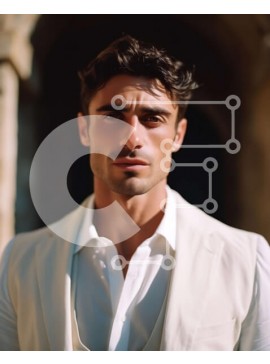 Intra Συλλεκτικό Ξύλινο Παζλ Plywood  4mm - Σοβαρός άνδρας με λευκό κοστούμι που στέκεται μπροστά από έναν πέτρινο τοίχο Σε Ξύλινο Κουτί - Διαστάσεις Puzzle: 10x10 cm – 25 κομμάτια