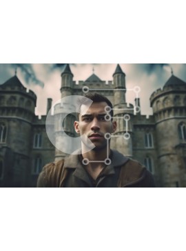 Intra Συλλεκτικό Ξύλινο Παζλ Plywood  4mm - Σοβαρός άνδρας που στέκεται μπροστά από ένα παλιό κάστρο με συννεφιασμένο ουρανό Σε Ξύλινο Κουτί - Διαστάσεις Puzzle: 10x10 cm – 25 κομμάτια