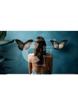 Intra Συλλεκτικό Ξύλινο Παζλ Plywood  4mm - Γυναίκα με μπλε φόρεμα με πεταλούδες σε μπλε τοίχο Σε Ξύλινο Κουτί - Διαστάσεις Puzzle: 10x10 cm – 25 κομμάτια