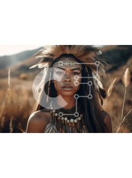 Intra Συλλεκτικό Ξύλινο Παζλ Plywood  4mm - Εκπληκτική εικόνα μιας ιθαγενούς Αμερικανίδας με κόμμωση και ζωγραφική προσώπου σε ένα χωράφι Σε Ξύλινο Κουτί - Διαστάσεις Puzzle: 10x10 cm – 25 κομμάτια