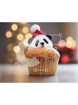 Σετ των 2 Intra Συλλεκτικό Ξύλινο Παζλ Plywood  4mm - Panda Cupcake με διακοσμήσεις με καπέλο Άγιου Βασίλη σε διακοσμημένο τραπέζι Σε Ξύλινο Κουτί - Διαστάσεις: 10x10 cm – 25 κομμάτια