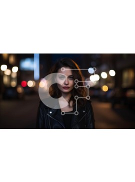 Intra Συλλεκτικό Ξύλινο Παζλ Plywood  4mm - Νεαρή γυναίκα με μαύρο δερμάτινο μπουφάν που στέκεται στην αστική οδό τη νύχτα Σε Ξύλινο Κουτί - Διαστάσεις Puzzle: 10x10 cm – 25 κομμάτια