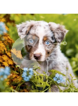 Intra Συλλεκτικό Ξύλινο Παζλ Plywood  4mm - Αξιολάτρευτο Blue Heeler κουτάβι που περιβάλλεται από αγριολούλουδα Σε Ξύλινο Κουτί - Διαστάσεις: 10x10 cm – 25 κομμάτια