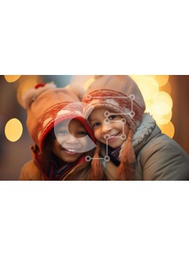 Intra Συλλεκτικό Ξύλινο Παζλ Plywood  4mm - Δύο μικρά παιδιά φορούν χειμωνιάτικα καπέλα και κάθονται μπροστά στο χιονισμένο φόντο Σε Ξύλινο Κουτί - Διαστάσεις Puzzle: 10x10 cm – 25 κομμάτια