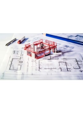 Intra Συλλεκτικό Ξύλινο Παζλ Plywood  4mm - Μικρό κόκκινο μοντέλο κτιρίου σε αρχιτεκτονικά σχέδια Σε Ξύλινο Κουτί - Διαστάσεις Puzzle: 10x10 cm – 25 κομμάτια