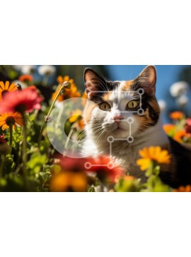 Σετ των 2 Intra Συλλεκτικό Ξύλινο Παζλ Plywood  4mm - Γάτα Calico που κάθεται στο πεδίο των λουλουδιών Σε Ξύλινο Κουτί - Διαστάσεις: 10x10 cm – 25 κομμάτια