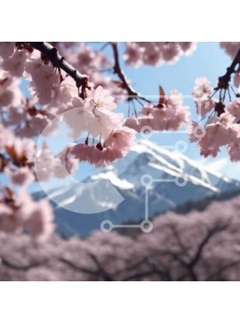 Intra Συλλεκτικό Ξύλινο Παζλ Plywood  4mm - Ροζ άνθη κερασιάς με χιονισμένα βουνά στην Ιαπωνία Σε Ξύλινο Κουτί - Διαστάσεις: 10x10 cm – 25 κομμάτια